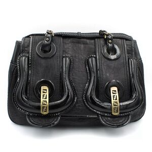 Authentic Fendi B Bis Black Patent & Drummed Leather Buckle Shoulder Bag